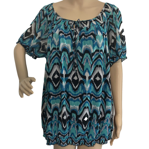 INC International Concepts Tops - INC Blue Gauze Ikat Stretch Top 1X